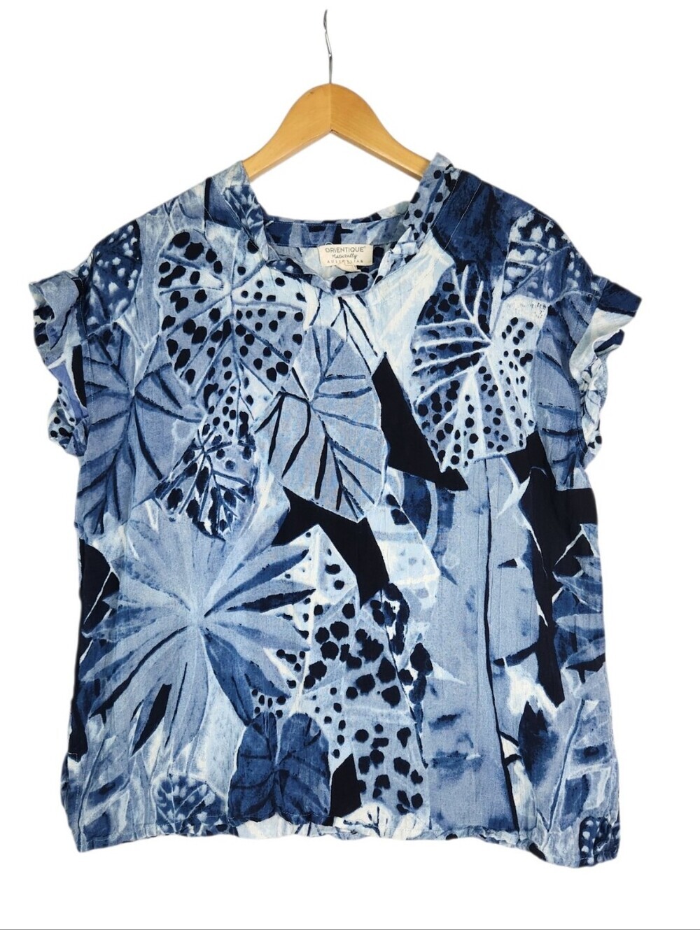 Tropical Blue Leaf Print Linen Blend Top Med Ruffle Sleeve Boxy Coastal Resort